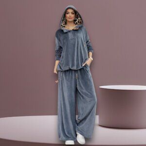 Grey Blue Velour Two Piece Lounge Set With Leopard Hood Size L